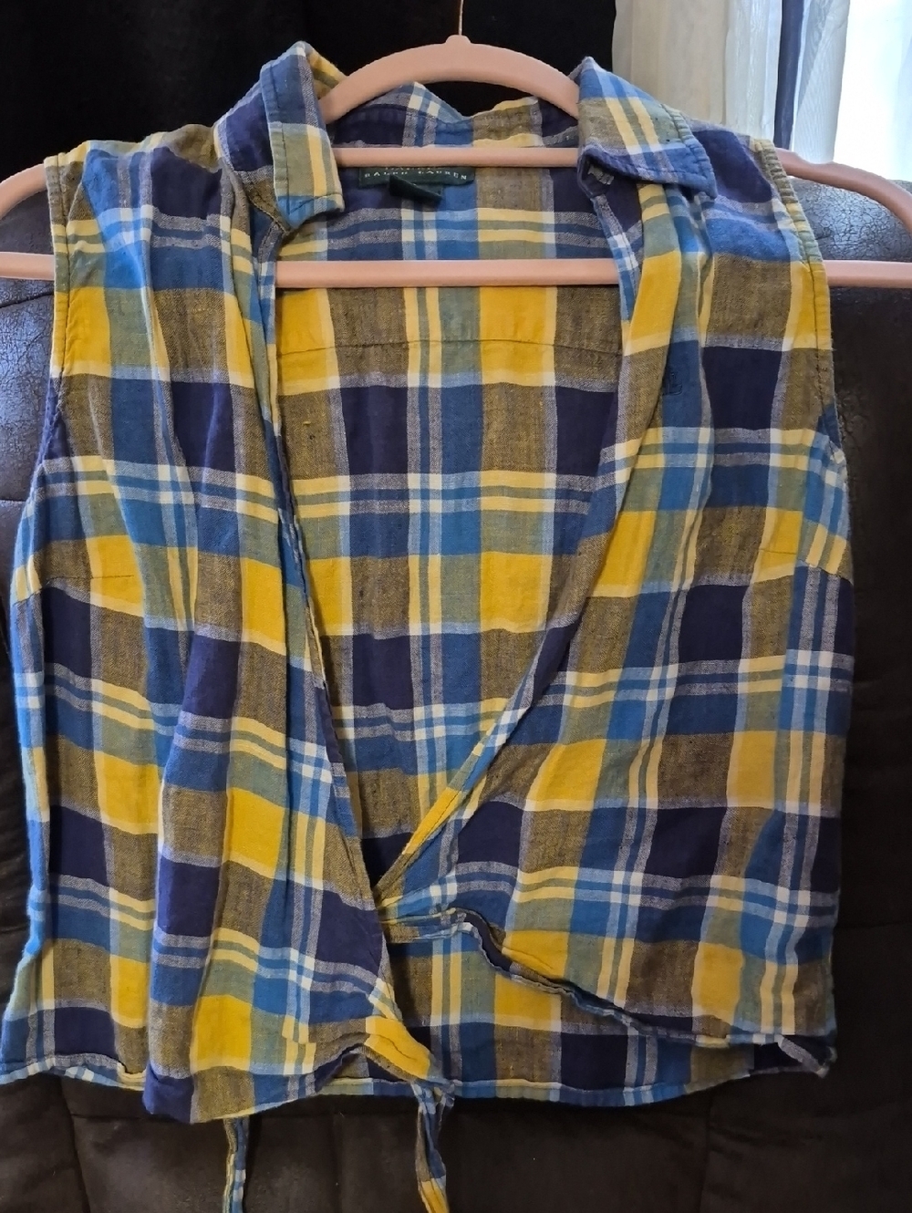 Ralph Lauren Blue & Yellow Plaid Linen Shirt Front Tie